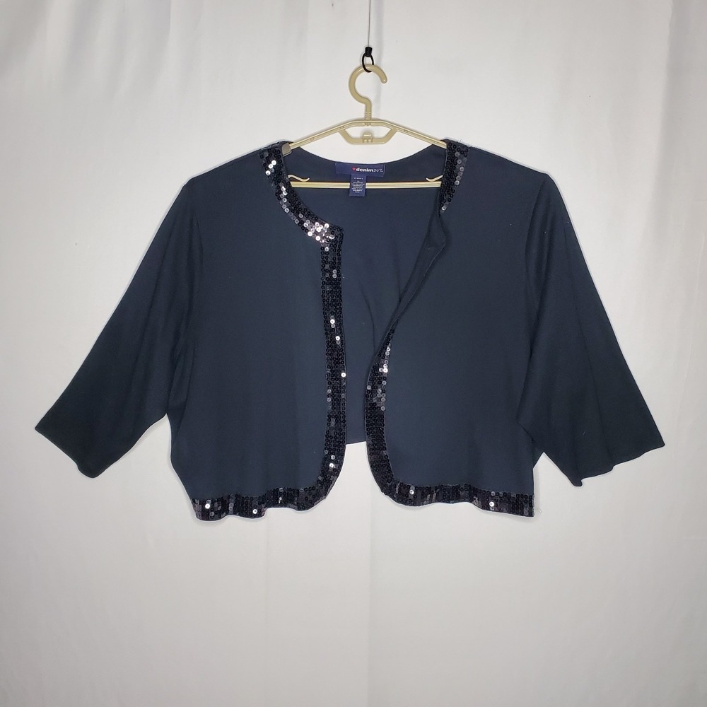 Denim 24/7 Crop Cardigan Bolero Shrug Women 5X Black Ribbed Sequin Open Y2K